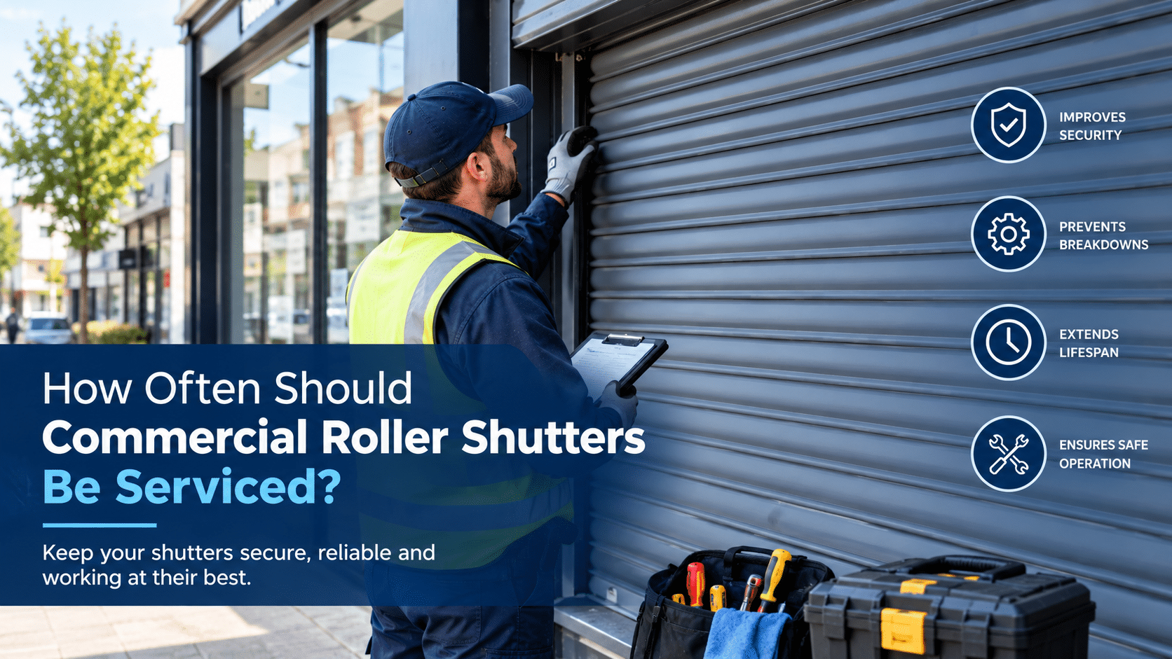 Commercial roller shutter servicing being carried out on a retail business premises in London