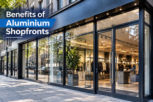 Modern aluminium shopfront with large glass panels and sleek black framing for a retail store in London.