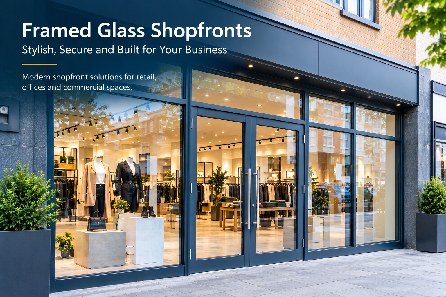 Modern aluminium framed glass shopfronts with charcoal frames and double glass entrance doors.