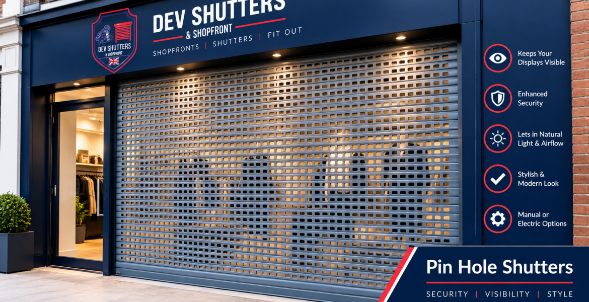 Pin hole shutters fitted to a shopfront by Dev Shutters & Shopfront
