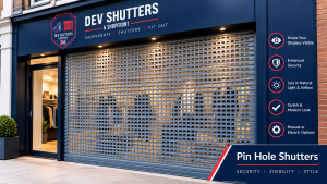 Pin hole shutters fitted to a shopfront by Dev Shutters & Shopfront