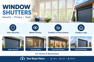 Window shutters for homes and businesses, featuring roller shutters, security grilles, automatic shutters, and industrial shutters in a modern navy-blue design.