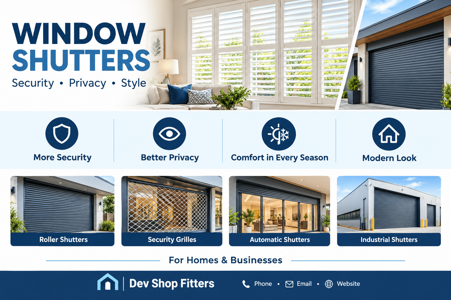 Window shutters for homes and businesses, featuring roller shutters, security grilles, automatic shutters, and industrial shutters in a modern navy-blue design.