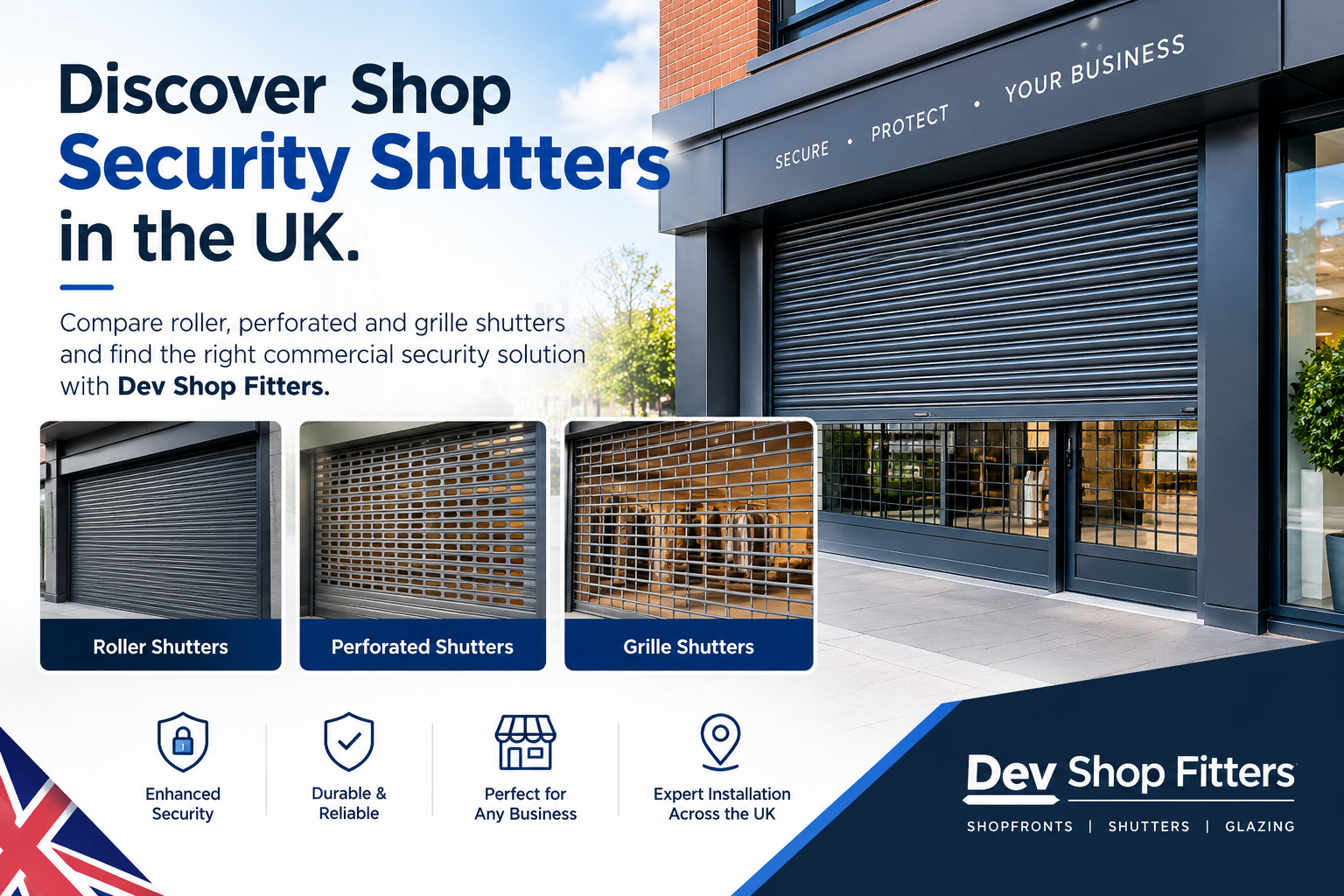 Shop security shutters in the UK, including roller, perforated and grille shutters for commercial properties